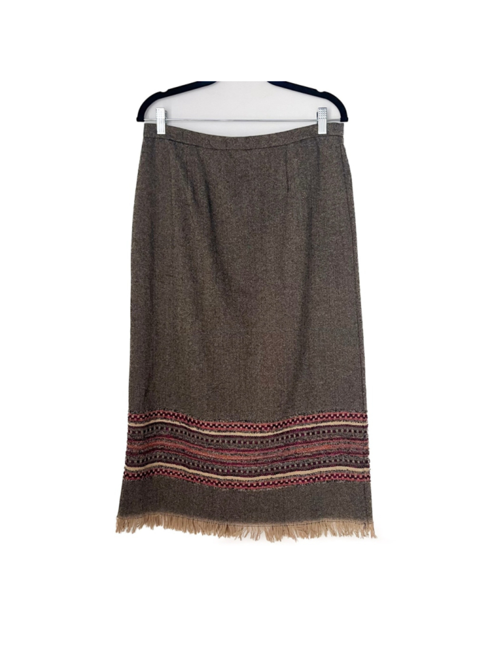 VTG Midi Skirt 12P Wool Aztec Embroidered Fringe Tweed Boho Cabincore Western